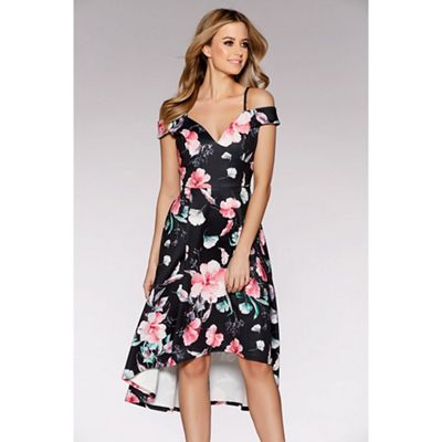 Black and pink floral print bardot dip hem dress